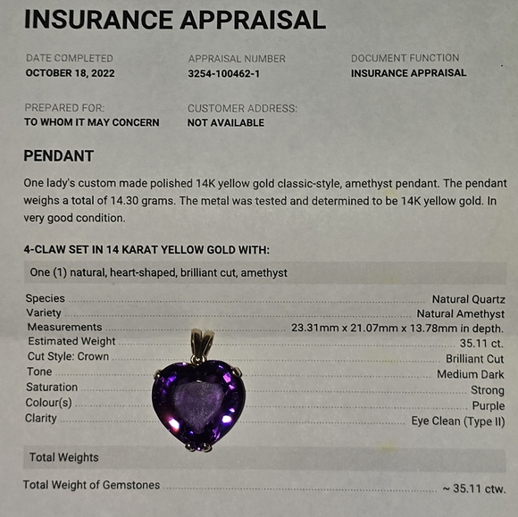 35.11ct Amethyst Classic Heart Pendant set in 14K Yellow Gold. Incl Appraisal - Picture 11 of 11